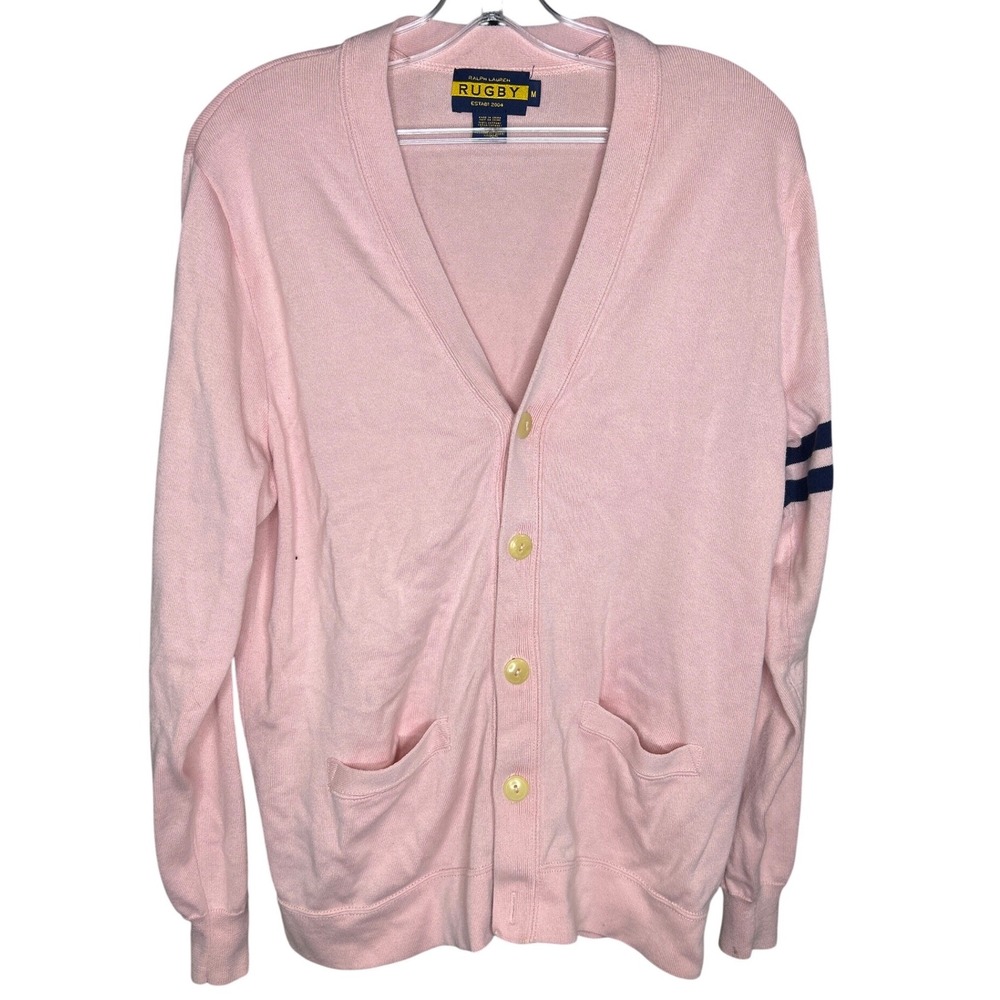 Ralph Lauren Rugby MEDIUM‎ Pink Cotton Varsity Stripe Cardigan Sweater Women